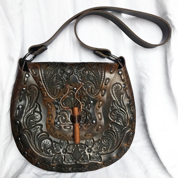 Vintage Handbags - ❌SOLD❌ Vintage Stamped Leather Saddle Bag Purse